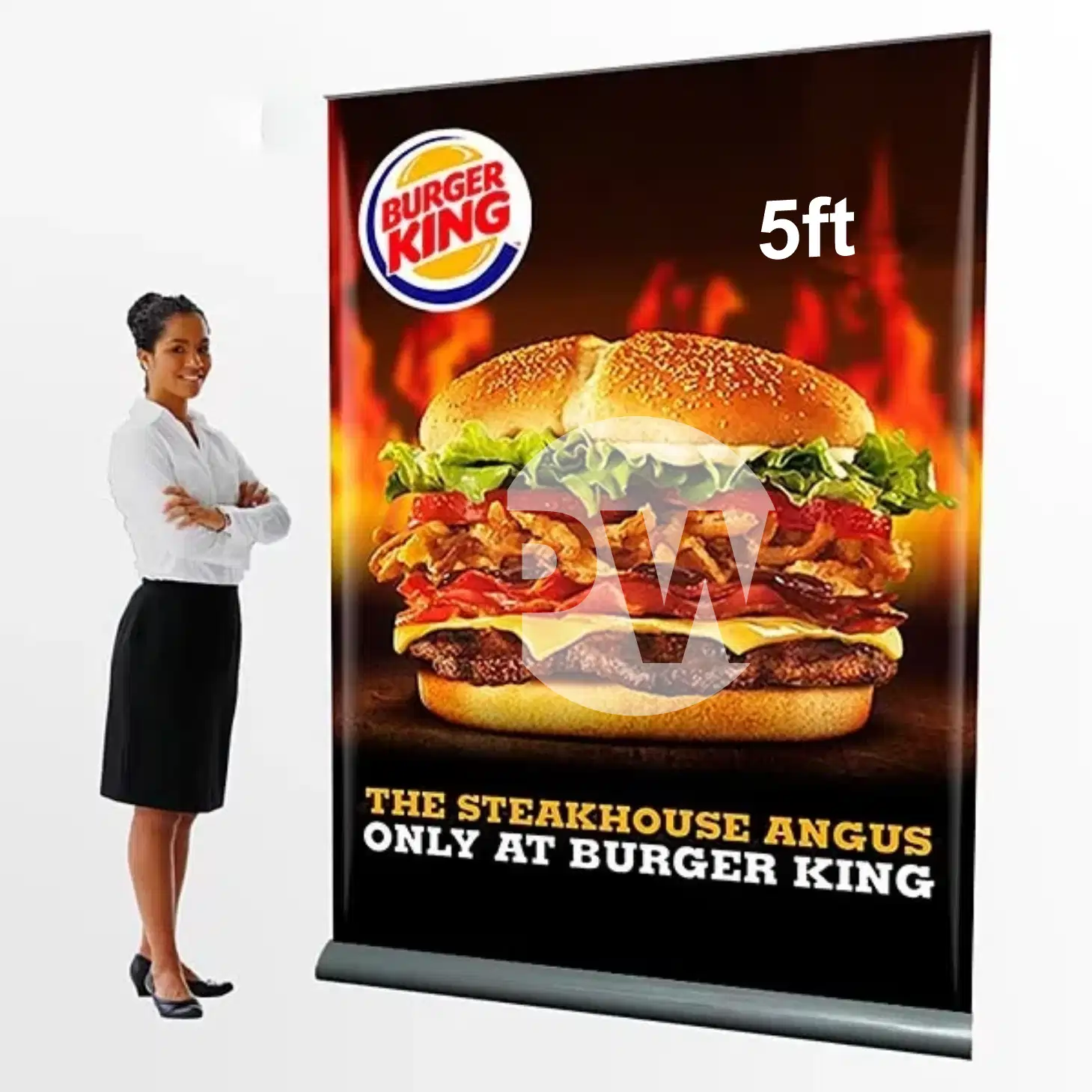 5ft Extra-wide base roll-up banner stand designed for maximum stability in high-traffic areas